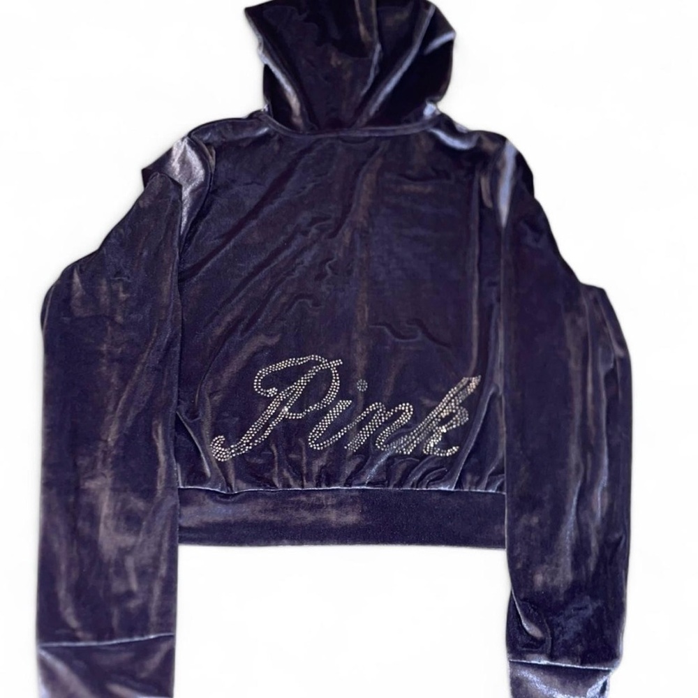 Victoria's Secret PINK Navy Velour Shine Logo Full-Zip Crop Hoodie Size M